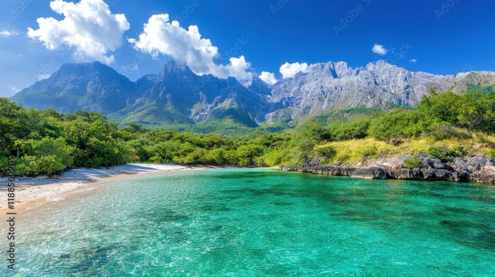 A sandy beach with clear blue water and mountains in the background A sandy beach with clear blue water and mountains in the background