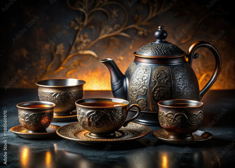 High-resolution image: Elegant black tea set. Luxury porcelain, dark teacup. Afternoon tea still life. High-resolution image: Elegant black tea set. Luxury porcelain, dark teacup. Afternoon tea still life.
