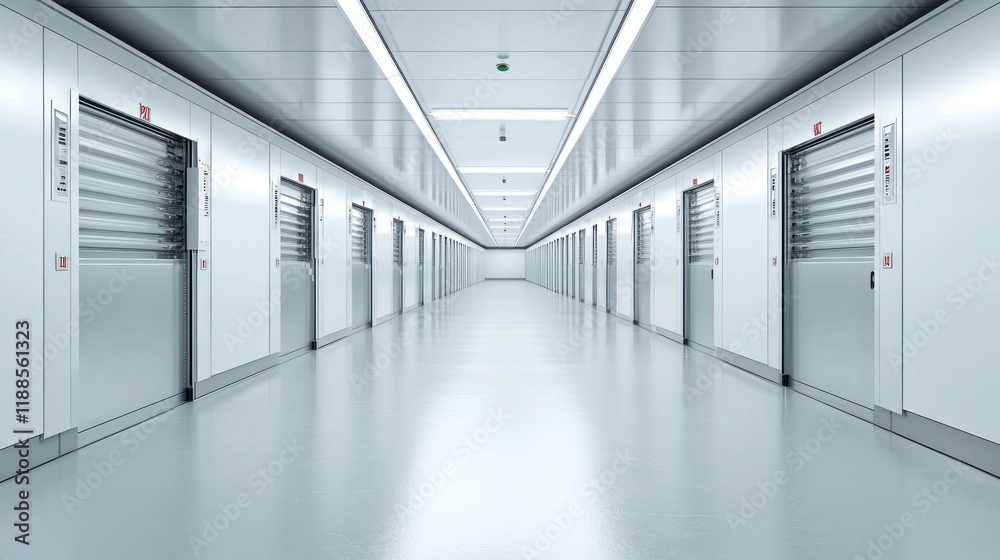 Obraz premium Modern Storage Facility: Clean, Minimalist Interior with Rows of Metallic Storage Units
