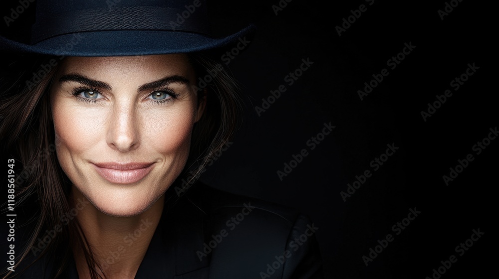 A woman wearing a black hat and a black suit A woman wearing a black hat and a black suit