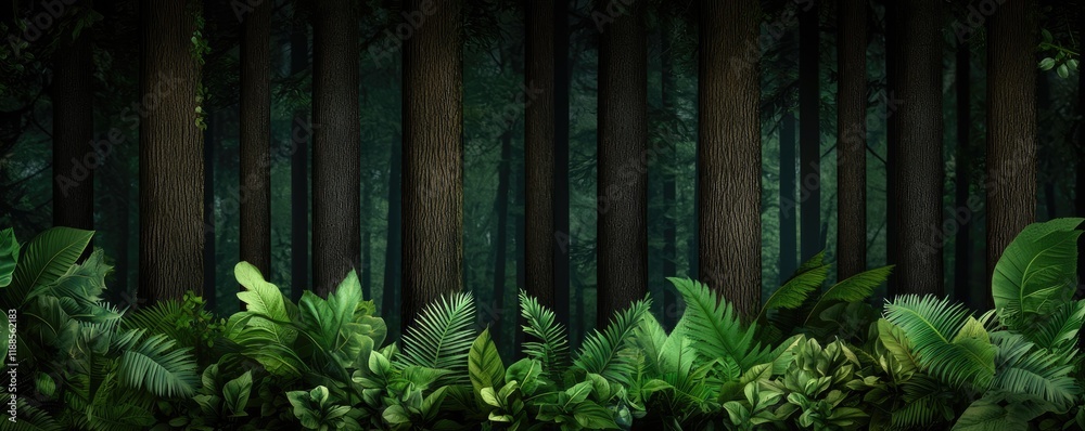 Fototapeta premium A dense forest scene with tall trees and lush green ferns, creating a tranquil and natural environment.