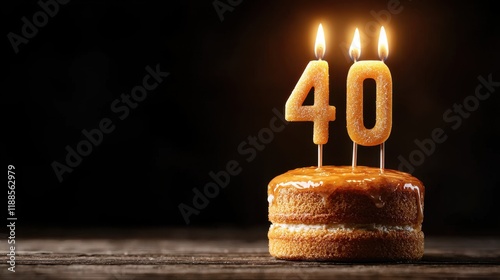 A birthday cake with three lit candles in the shape of the number 40