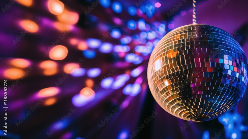 Obraz premium disco ball, glowing, reflective, sparkling, dance floor, nightclub atmosphere, colorful lights, bokeh effect, party ambiance, retro vibes, purple hues, golden reflections, shimmering, festive mood, dy