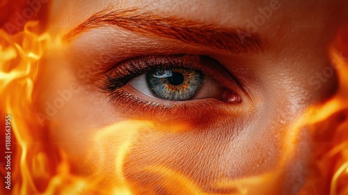  A close up of a woman's eye surrounded by flames
