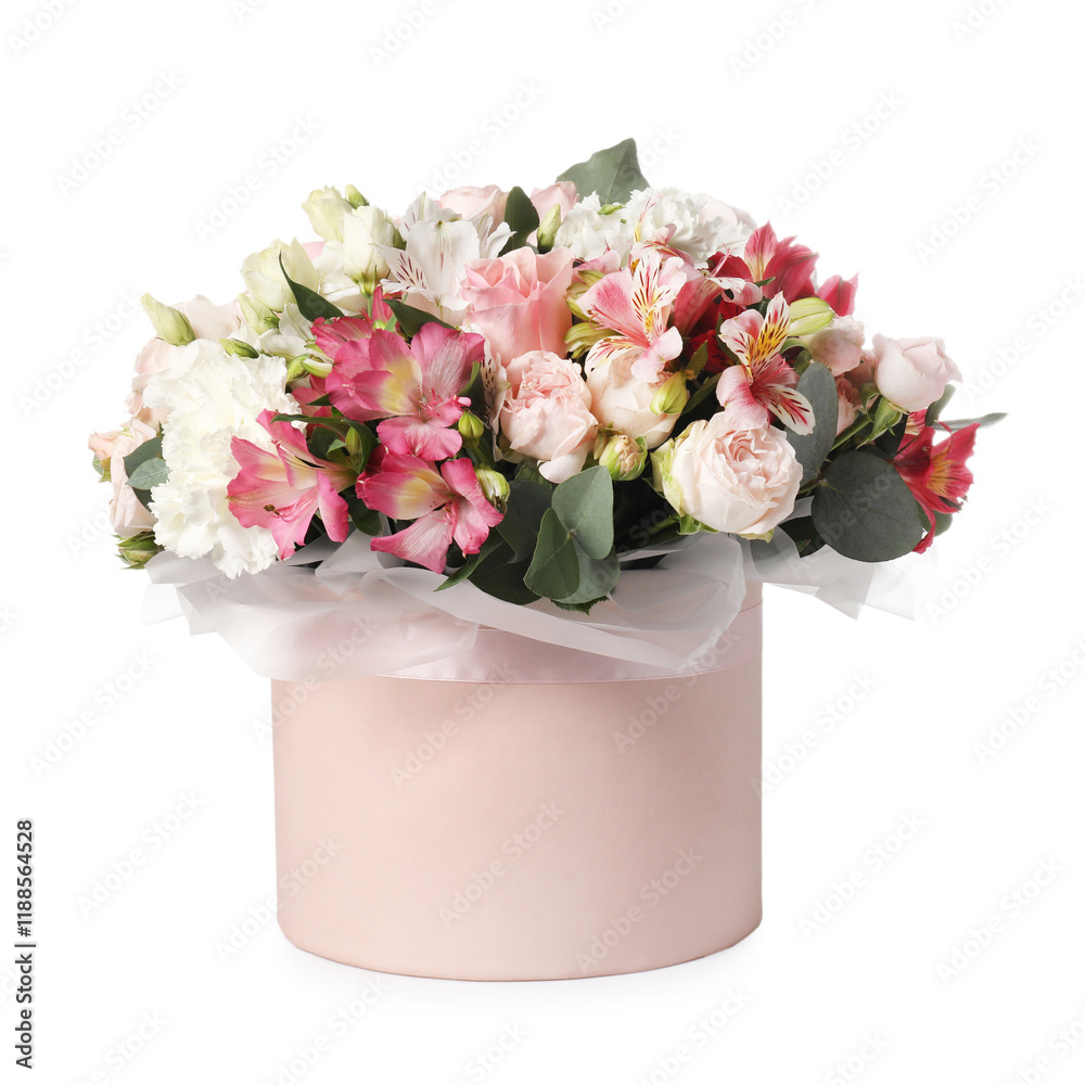 Bouquet of beautiful flowers in box isolated on white Bouquet of beautiful flowers in box isolated on white