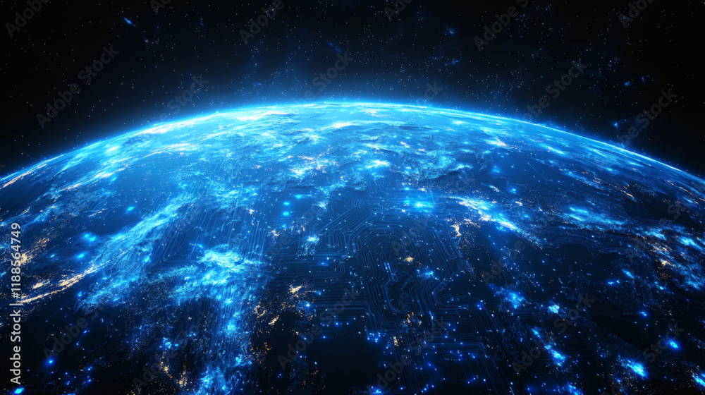 Obraz premium Blue Planet: A stunningly detailed image of Earth from space, its continents outlined in a mesmerizing blue glow, depicting the interconnectedness of life and the beauty of our planet. 