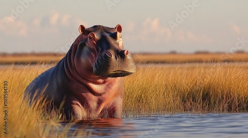 A hippo is sitting in the water in the grass photo