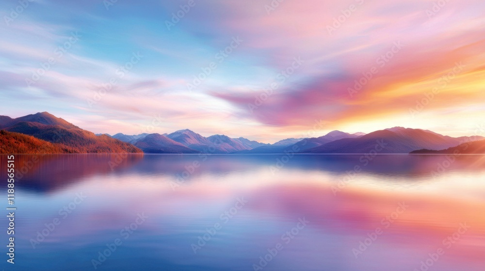 A beautiful sunset over a lake with mountains in the background A beautiful sunset over a lake with mountains in the background
