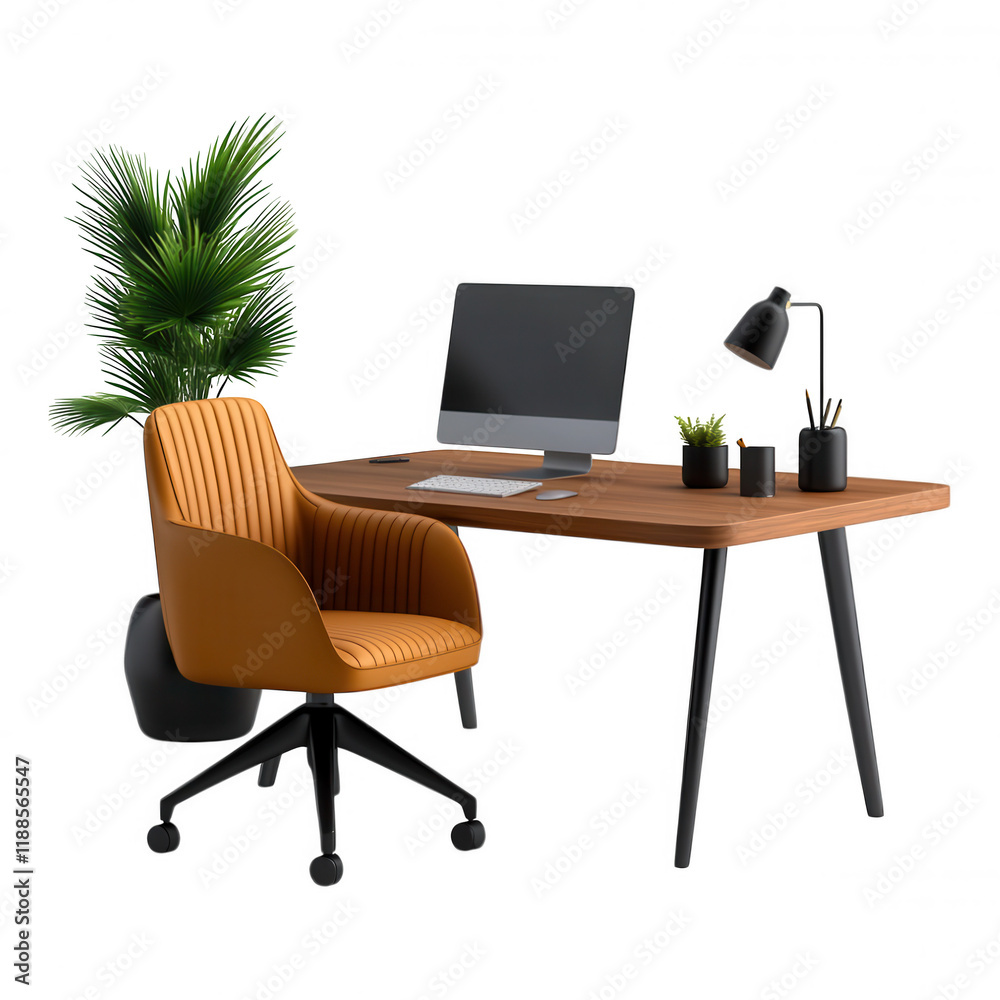 Fototapeta premium [Modern office interior design ideas] Modern Office Space 3D Rendering with Laptop Desk Minimalist Workspace