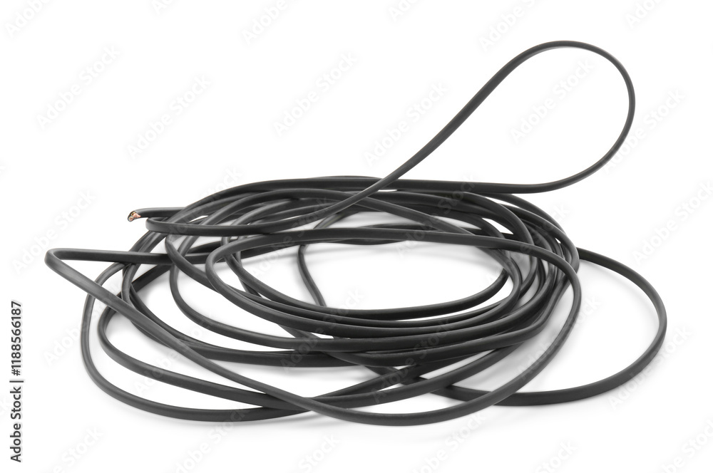 Tangled insulated electrical wire on white background