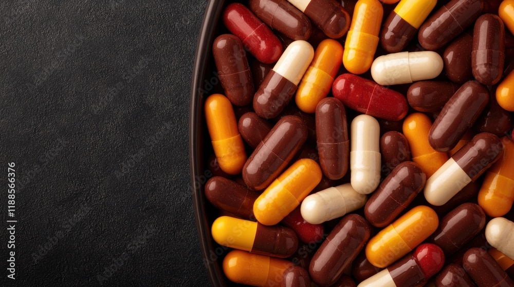 A bowl full of colorful pills on a black surface A bowl full of colorful pills on a black surface