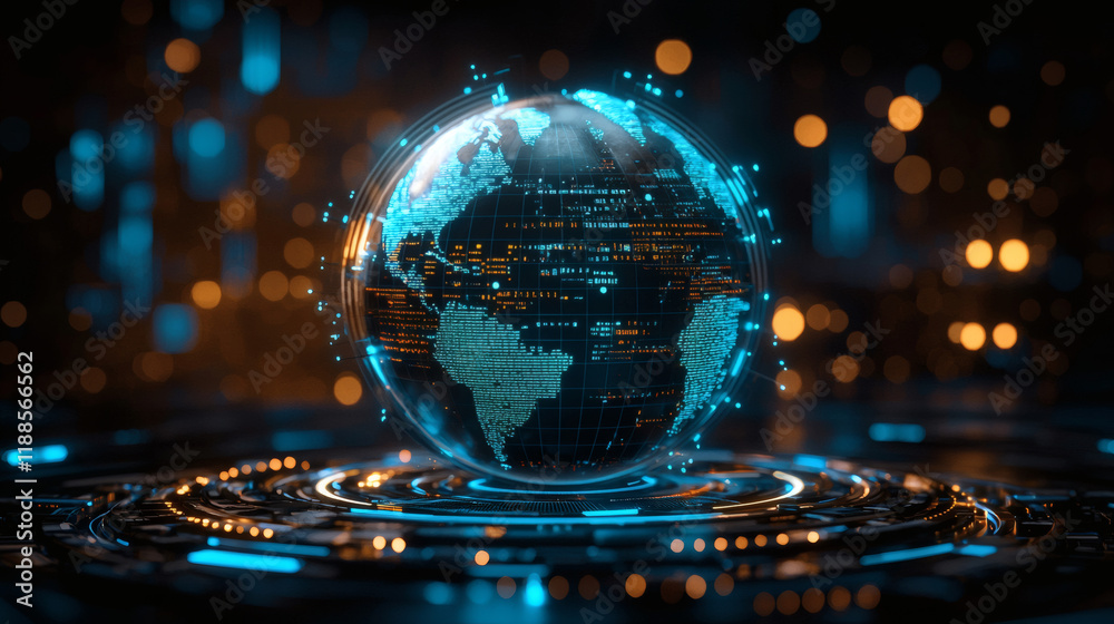 Fototapeta premium Global Network Hologram: A futuristic digital globe, shimmering with blue and gold light, hovers above a circular, technological base, symbolizing global connectivity and technological advancement.