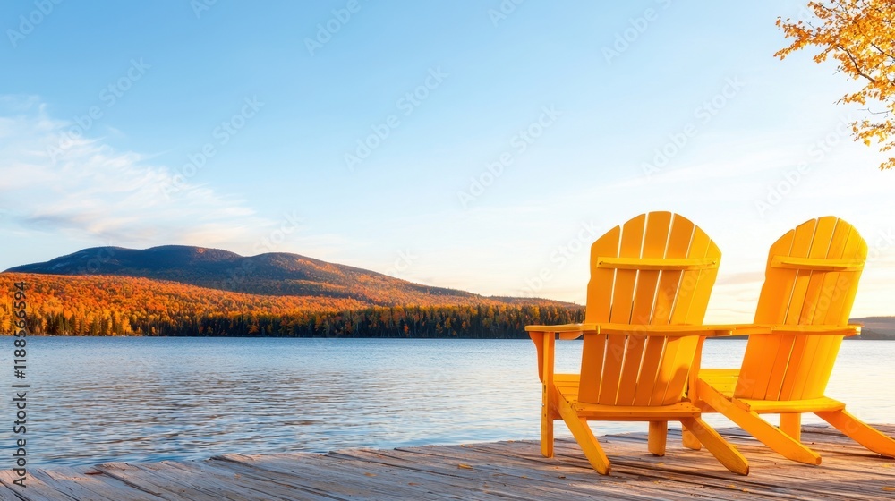Fototapeta premium Two yellow adirondack chairs sitting on a dock by a lake