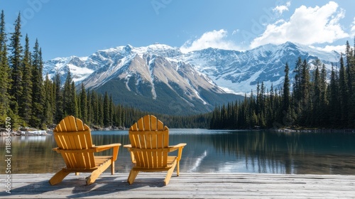 Two adirondack chairs sitting on a dock overlooking a mountain lake