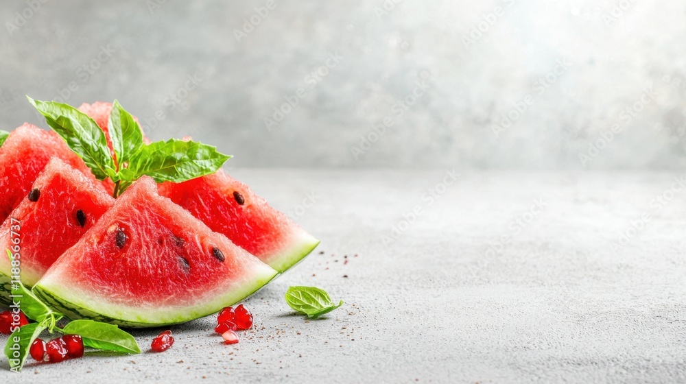 A slice of watermelon with mint leaves and pomegranate on a table A slice of watermelon with mint leaves and pomegranate on a table