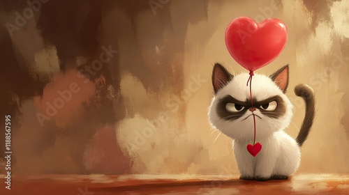 grumpy looking cat hold red ballon heart love  valentine day poster with brown background photo