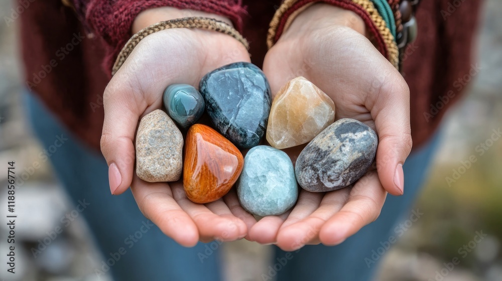 Hands of woman holding various natural stones Hands of woman holding various natural stones