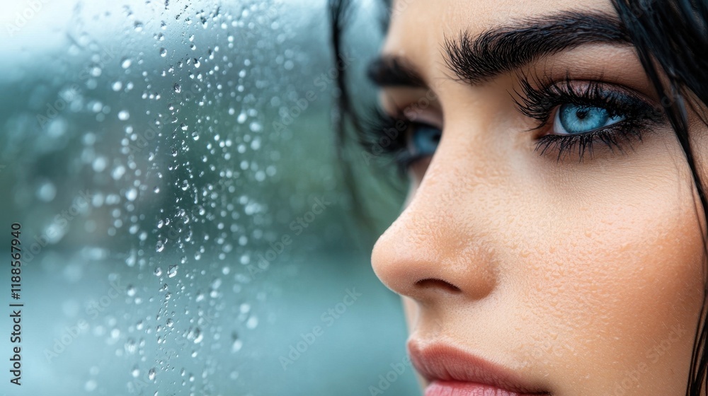 A woman with blue eyes looking out of a window with water droplets on her face A woman with blue eyes looking out of a window with water droplets on her face