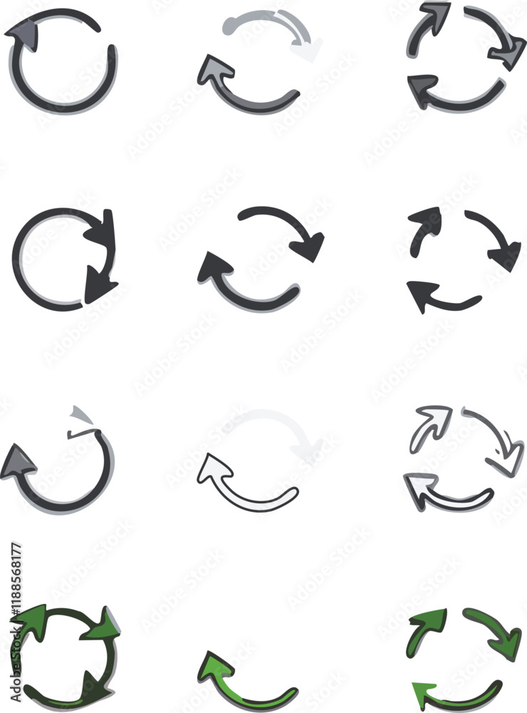 Film & Video, Symbol of reload, refresh, loading, recycle and repeat. Interconnecting round arrow vector icons set. Work in progress sign6.eps, Symbol of reload, refresh, loading, recycle and repeat. 