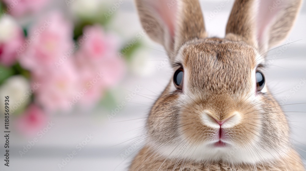 Fototapeta premium A close up of a rabbit's face with flowers in the background