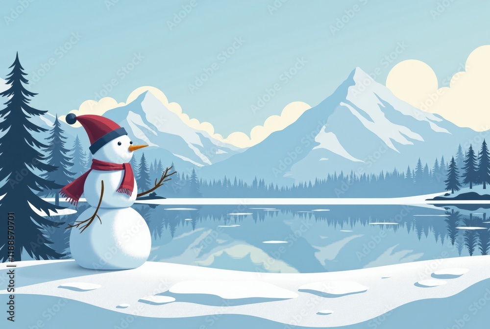 Fototapeta premium Snowman on Winter Lakeshore with Mountain Range