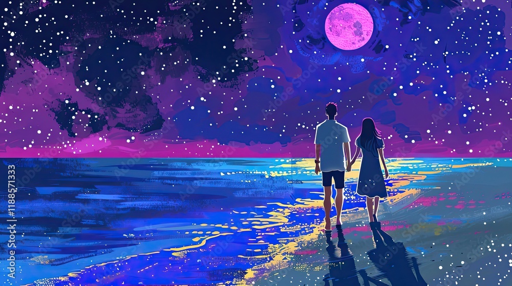 Obraz premium A man and woman walking on the beach under a starry sky