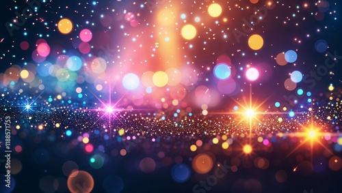 A glowing Christmas tree with bright colorful lights and a festive holiday backdrop of shimmering stars, bokeh, and purple hues