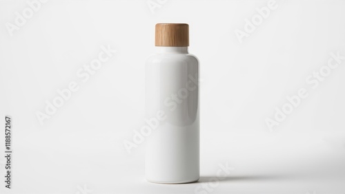 Minimalist white ceramic bottle, wood cap, product photography, clean background, simple design, matte finish, cylindrical shape, elegant packaging, cosmetic container, skincare product, high-end bran