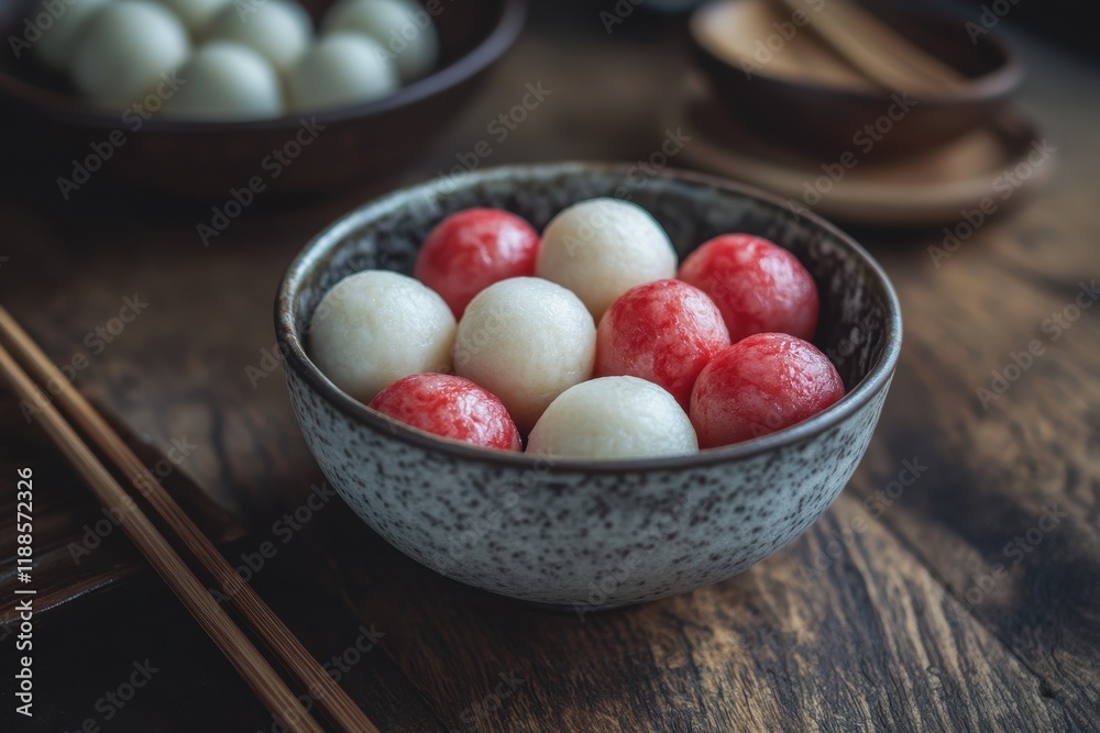 Tang yuan tasty red and white rice dumplings served in a bowl Traditional Asian dish for the Chinese Winter Solstice Festival close up Tang yuan tasty red and white rice dumplings served in a bowl Traditional Asian dish for the Chinese Winter Solstice Festival close up