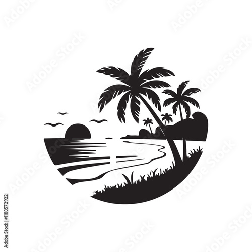 Summer sunset tropical beach line art vector illustration, hand drawn sunset and sunrise outline landscape tropical beach, palm tree with sunset waves Nature view, Kids drawing Beach coloring pages