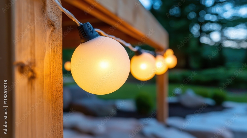 A string of light bulbs hanging from a wooden fence A string of light bulbs hanging from a wooden fence