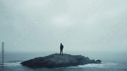 Island of Solitude, Silhouette of Lone Figure Yearning for Connection in Isolation