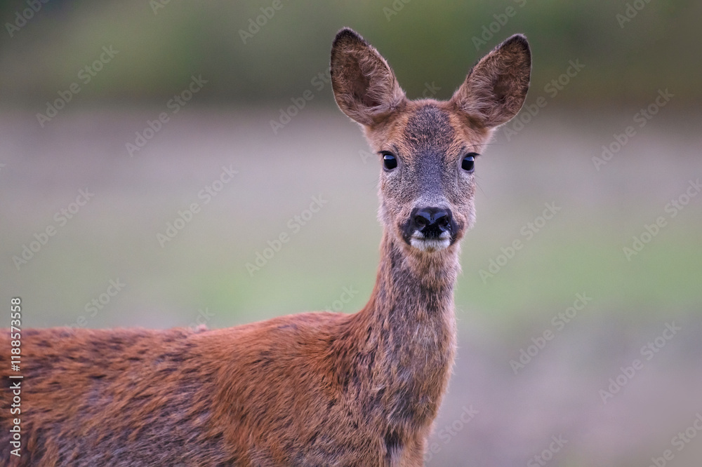 Portrait of a roe deer doe in a plain. Capreolus capreolus, Sologne, Loiret 45, région Centre-Val-de-Loire, France, European Union, Europe Portrait of a roe deer doe in a plain. Capreolus capreolus, Sologne, Loiret 45, région Centre-Val-de-Loire, France, European Union, Europe