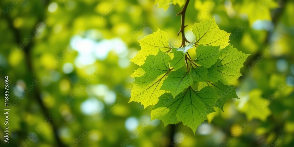 Vibrant Green Leaves on a Branch Basking in Sunlight, a Close-Up View of Nature's Beauty Vibrant Green Leaves on a Branch Basking in Sunlight, a Close-Up View of Nature's Beauty
