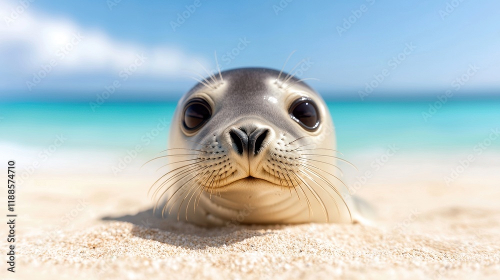 Obraz premium A seal laying on the sand on a beach looking at the camera