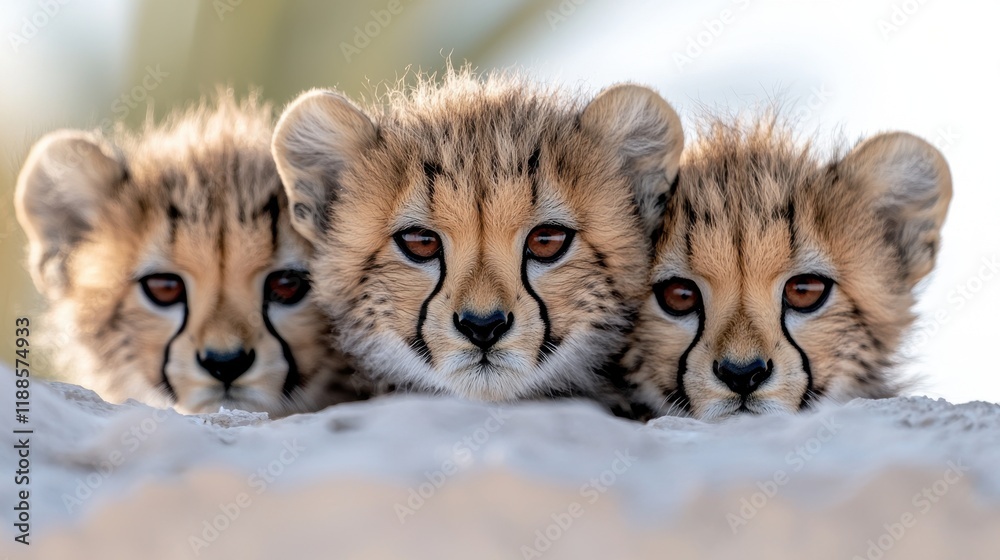 Obraz premium Three cheetah cubs peeking out from behind a rock