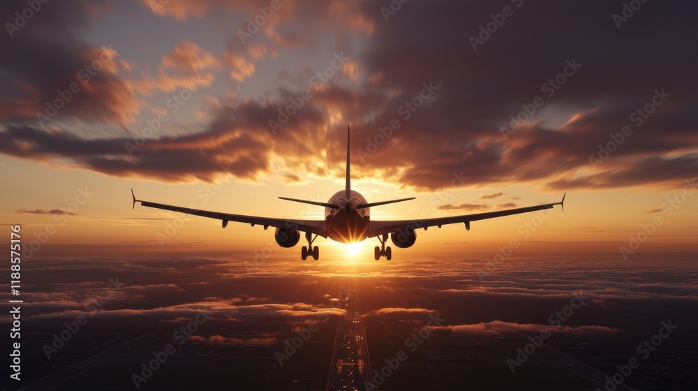 A large jetliner flying through the sky at sunset A large jetliner flying through the sky at sunset
