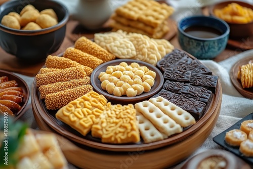 Traditional Korean treats Yaksik Gangjeong puffed rice candy and yugwa photo