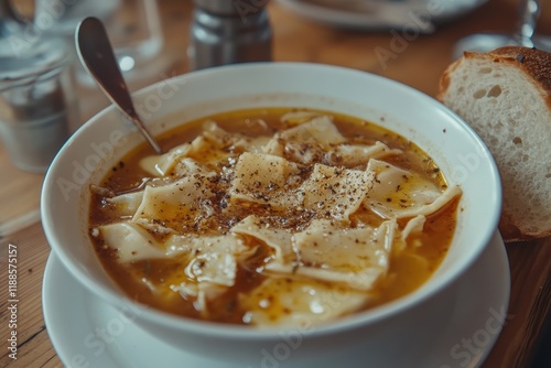 Traditional Polish tripe soup seasoned with spices and accompanied by bread photo