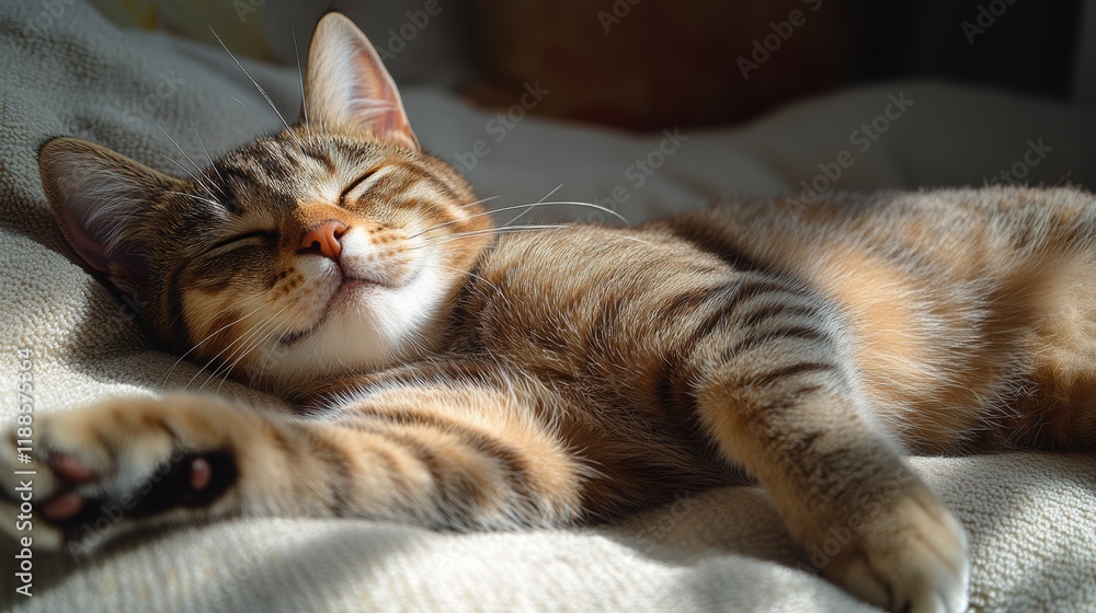 Naklejka premium A content tabby cat basking in the sun, enjoying a peaceful afternoon nap.