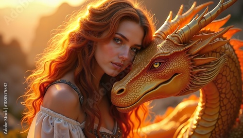 Enigmatic woman with dragon in sunset glow, fantasy art, symbol of magic and friendship