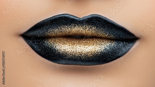  a close up of a woman's lips with black and gold glitter