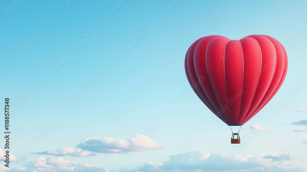 Fototapeta premium Happy Valentine's Day. A vibrant heart-shaped hot air balloon soaring in a blue sky among fluffy clouds.