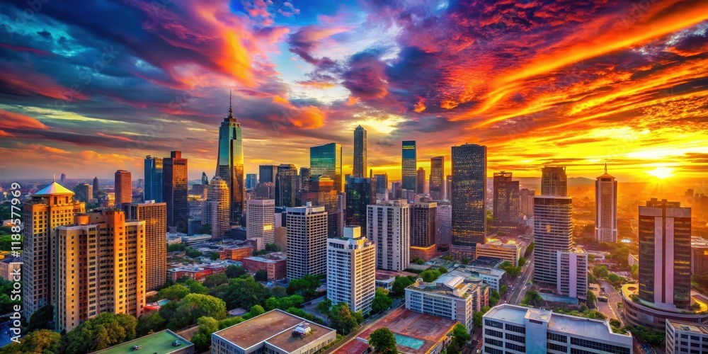 Obraz premium Vibrant colors blend in perfect harmony above a modern cityscape at sunset, title overlay, architectural backdrop