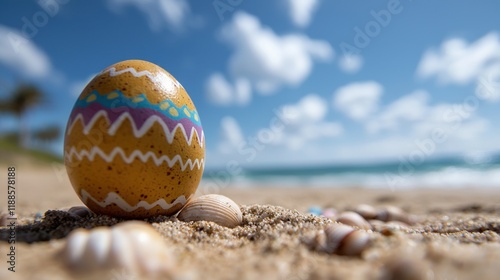 an easter egg on the beach with shells in the sand