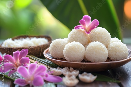 Wooden platter of Thai dessert coconut milk rice balls photo