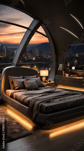 Wallpaper Mural Modern bedroom with sleek design and stunning city view at sunset, featuring elegant lighting and cozy decor. Torontodigital.ca