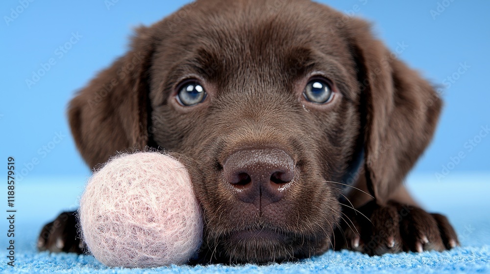 Obraz premium A brown dog chewing on a pink ball on a blue blanket