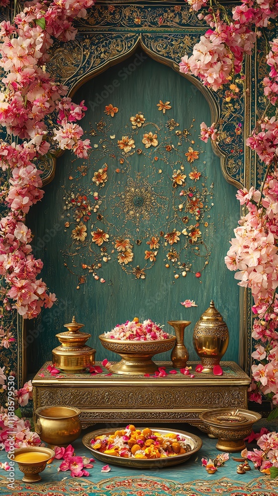 Obraz premium Festive background Elegant background for Nowruz with golden Haft-Seen table elements subtly blended into a decorative frame of blooming flowers and colorful Persian art motifs