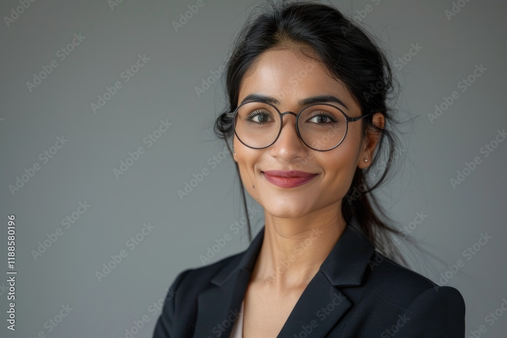 Indian businesswoman in suit and glasses smiling confidently at camera. Indian businesswoman in suit and glasses smiling confidently at camera.